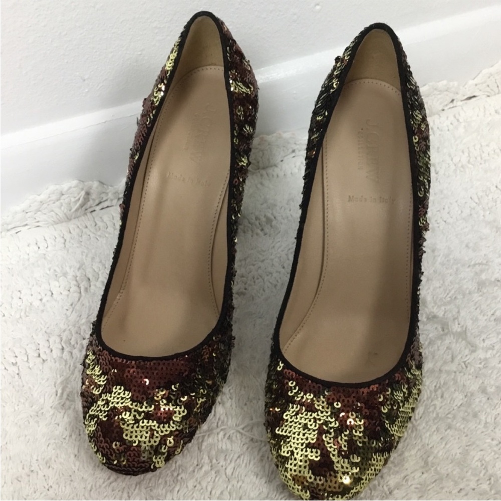 J Crew ETTA Sequin Block Heel Copper Gold Pumps 8.5